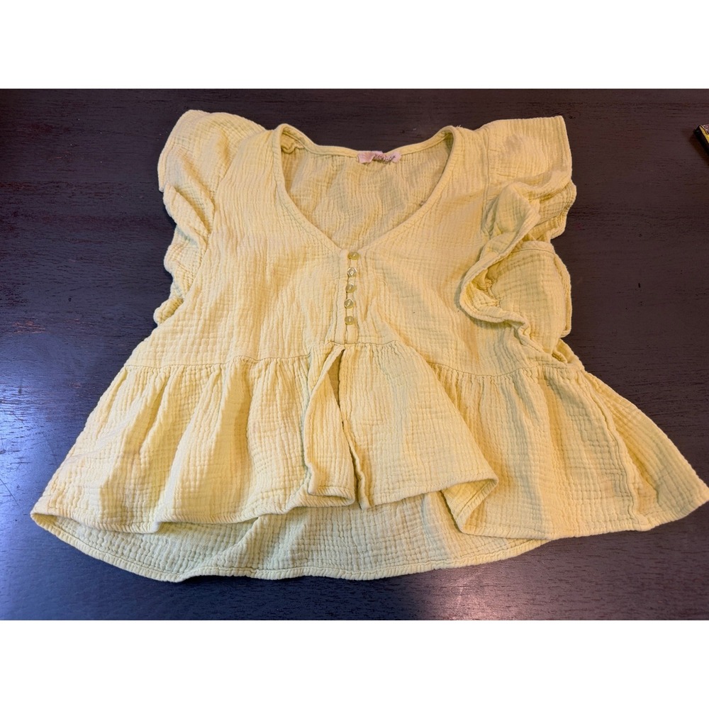 Rewind Womens Yellow Cotton Gauze Ruffle V-Neck Peplum Blouse Top NKW9039QAW M